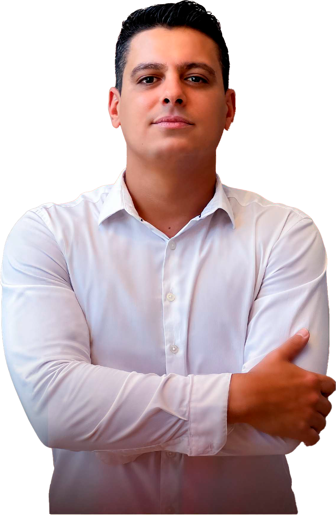 Corretor da depressão de braços cruzados de camisa branca