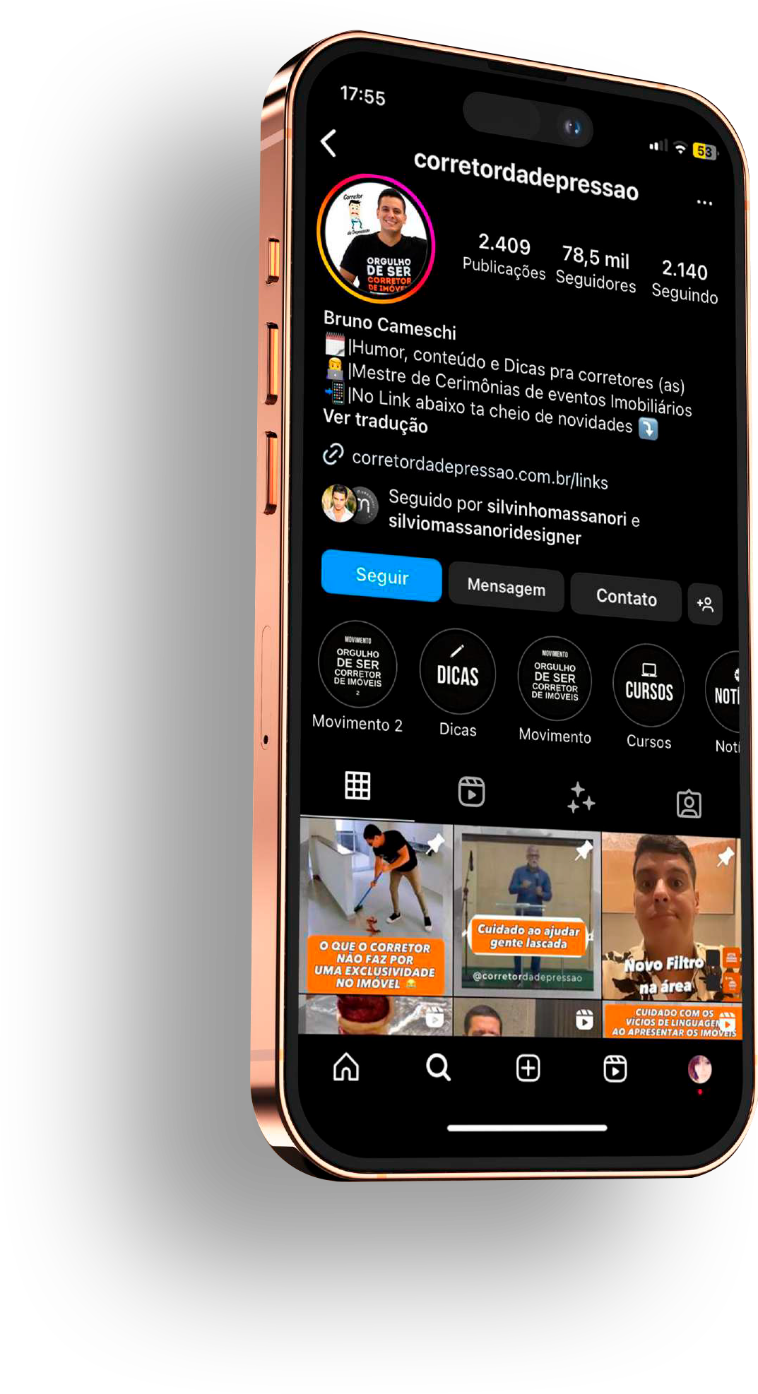 Smartphone com layout de instagram do corretor da depressão